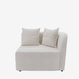  A curved 2-seater modular sofa in white looped fabric, part of the Alba collection. The sofa features a modern, minimalist design with plush cushions for comfortable seating.