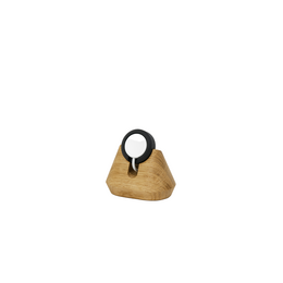  Wooden, triangular-shaped Apple Watch charging stand with a black magnetic holder.