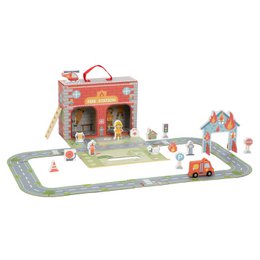  "A wooden toy fire station playset with a fire truck, firefighters, and other accessories. The set includes a fire station building, road, and various play elements to encourage imaginative firefighting roleplay."