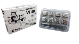 Set of 8 stainless steel ice cube trays with highly polished finish and included tongs.