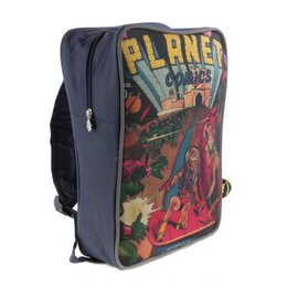  A large, navy blue backpack with a colorful, retro-style graphic design featuring the text "Planet Comics" and various sci-fi elements like spaceships and alien figures. The backpack appears to be made of durable material and has multiple compartments and straps for carrying.