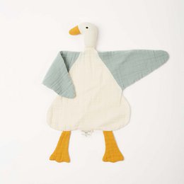 Organic muslin duck toy in white and mint colors, made of soft and breathable muslin fabric, suitable for cuddling and comforting infants and toddlers.
