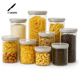  A set of glass storage containers with various types of pasta and grains, including fusilli, penne, and coffee beans. The containers have white lids and are arranged on a white background.