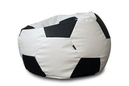 Large, round, black and white bean bag chair in the shape of a soccer ball. Suitable for indoor or outdoor use.