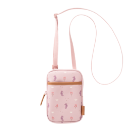  A pink phone holder with a seahorse design, suitable for carrying a mobile device while traveling.