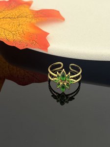 Green Flower Crystal Ring Golden Stainless Steel