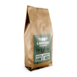 A 500g or 1kg bag of Gravel Grinder coffee, a dark roast blend with notes of caramel and chocolate.