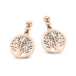 Rose gold ion plated earrings with a tree of life coin design. The earrings feature a round, dangling coin charm with a tree of life pattern.