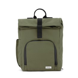 A forest green canvas diaper bag with a minimalist, functional design. Features a roomy main compartment, exterior pockets, and adjustable straps for comfortable carrying.