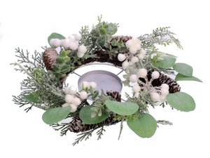 Kranz aus Tannenzapfen/weißen Beeren mit Kerzenhalter