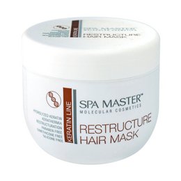 A white jar containing a keratin-based hair mask for restructuring and repairing damaged hair. The product is 500ml in size and part of the Spa Master hair care line.