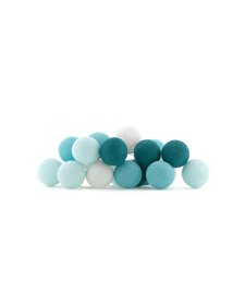 Aqua-colored string lights with an adapter, available in multiple lengths, displayed in a woven basket with decorative turquoise and white pom-poms.