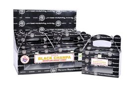 Black champa backflow incense cones, earthy and aromatic, packaged in a box with a floral design.