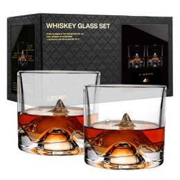 Two 250ml whiskey glasses in a gift box set, made of clear glass with a unique design.