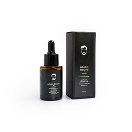 Beard oil in a dark glass bottle with a dropper. The bottle is labeled "BEARD DROPS Beard Oil" and the product is designed for beard care.