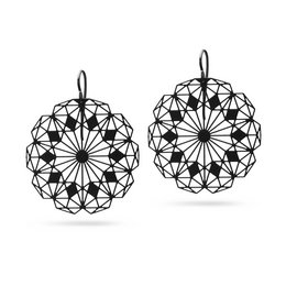 Black rosette-shaped statement earrings with intricate geometric patterns.