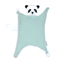 Soft, plush panda-themed swaddle comforter in a soothing mint green color, perfect for snuggling and comforting babies.