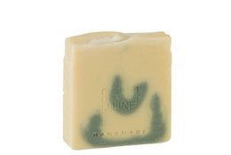 Rectangular bar of natural soap with a green and white color pattern, labeled "J-Line zeep Majestic Moss - mix - 90Gr".