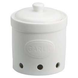 Matte white ceramic garlic storage jar with ventilation holes for optimal storage.