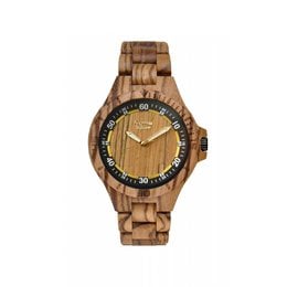 Wooden watch with a round face, featuring a natural wood grain pattern and a black and gold bezel. The watch is presented in a green-themed box.
