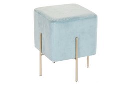 A square, light blue footrest with a floral pattern and metal legs.
