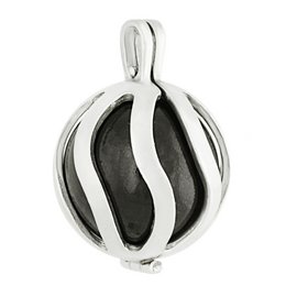 Shiny silver-tone pendant with a round, swirling design. Suitable for necklaces or other jewelry.