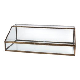  Glass display cabinet, brass metal frame, rectangular shape, two shelves, jewelry storage box