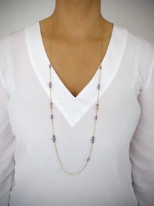 Long 18K gold plated necklace with pearls and Tanzanite crystals