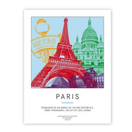 Vibrant poster featuring iconic landmarks of Paris, including the Eiffel Tower, Sacré-Cœur Basilica, and the Arc de Triomphe. Showcases the city's distinct architectural styles and cultural elements.