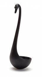  A black swan-shaped ladle with a long, curved neck and a rounded bowl. The ladle has a sleek, modern design and is made of a durable material, likely ceramic or metal.