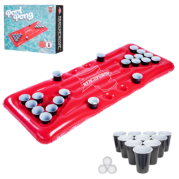 Large inflatable beer pong pool mattress with 25 cups and balls for fun party games.