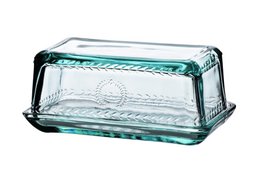 A rectangular glass butter dish with a clear glass lid. The dish has a textured pattern on the sides and measures approximately 17 x 9.7 x 7.5 cm.