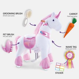 PonyCycle Spielzeugzubehör Futter- und Pflegeset – Pink und Blau, 5-teiliges Sortiment, Fellpflegebürste, Haustierbürste, Karotte, Aufkleber, Namensschild