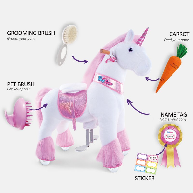 PonyCycle Spielzeugzubehör Futter- und Pflegeset – Pink und Blau, 5-teiliges Sortiment, Fellpflegebürste, Haustierbürste, Karotte, Aufkleber, Namensschild