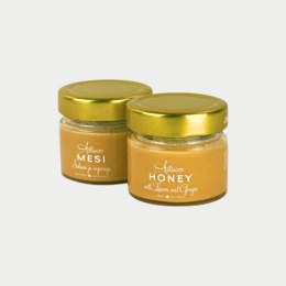 Honey with strawberries, available in 300g, 200g, 100g, and 50g jars. The honey has a sweet, fruity flavor from the addition of strawberries.