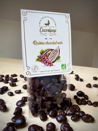 Dark chocolate-coated raisins, organic and delicious snack.