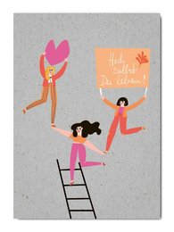 A colorful postcard with a playful, whimsical design featuring a person holding a heart-shaped balloon and another person standing on a ladder holding a sign that says "Hello, you're awesome!"