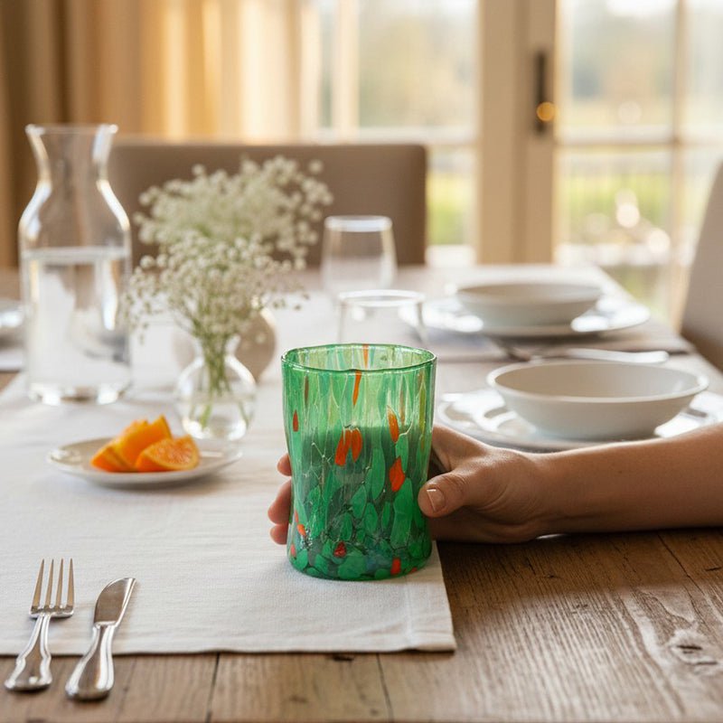 Verres Naif Tumbler en verre soufflé et fait main avec murrine de Murano, ligne « I Colori di Murano » 395 ml. Fabriqué en Italie