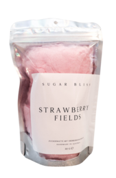 Strawberry-flavored cotton candy in a resealable pouch. Soft, fluffy texture with a sweet strawberry aroma and taste.