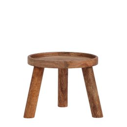 Wooden stool with a round, rustic design. Made of natural wood materials in a warm, earthy tone. Suitable for use as a side table, plant stand, or decorative accent piece.