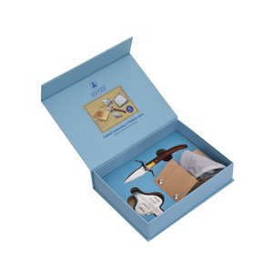 Complete doos Oesterset - 4 Accessoires - Oestermes, Citroenpers, Oesterblok, Pannenlap - Roestvrij staal, palissanderhout - Geschenkdoos