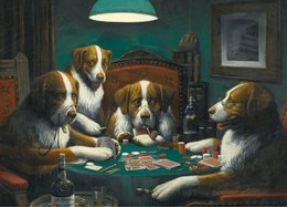 Poster featuring dogs playing poker in a classic, humorous scene. Includes details like the green felt table, cards, and poker chips. Suitable for home decor or as a gift for dog lovers.
