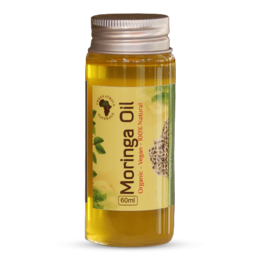 Moringa oil, a natural body oil with a golden color. Derived from the moringa tree, this oil is rich in vitamins and antioxidants, making it ideal for nourishing and moisturizing the skin.