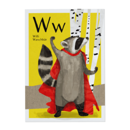 A plush toy of a raccoon character wearing a red cape and standing in front of a yellow background with the letter 'W' displayed.