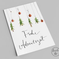 Christmas card | Happy Advent season | red balls and small fir trees | postcard