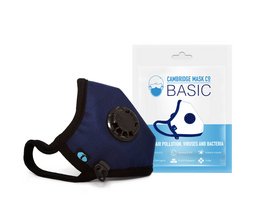 Navy blue face mask with adjustable straps and a filter valve for improved breathability.