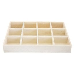 Wooden jewelry tray with 12 compartments for organizing and displaying jewelry, accessories, and small items. Made of natural wood material.