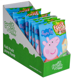 Peach-flavored fruit flakes in a Peppa Pig-themed package. Contains natural ingredients and is suitable for children.