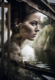 Serene landscape poster featuring a woman's face reflected in a window, with a waterfall and nature visible in the background. Available in multiple sizes.