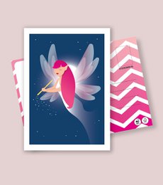 Whimsical postcard featuring a fairy-like creature with pink and white wings against a starry night sky background.